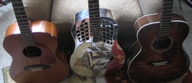 1963 Gibson LG-0, 2008 National Resophonic, 2007 Martin OM-28MQ Amber